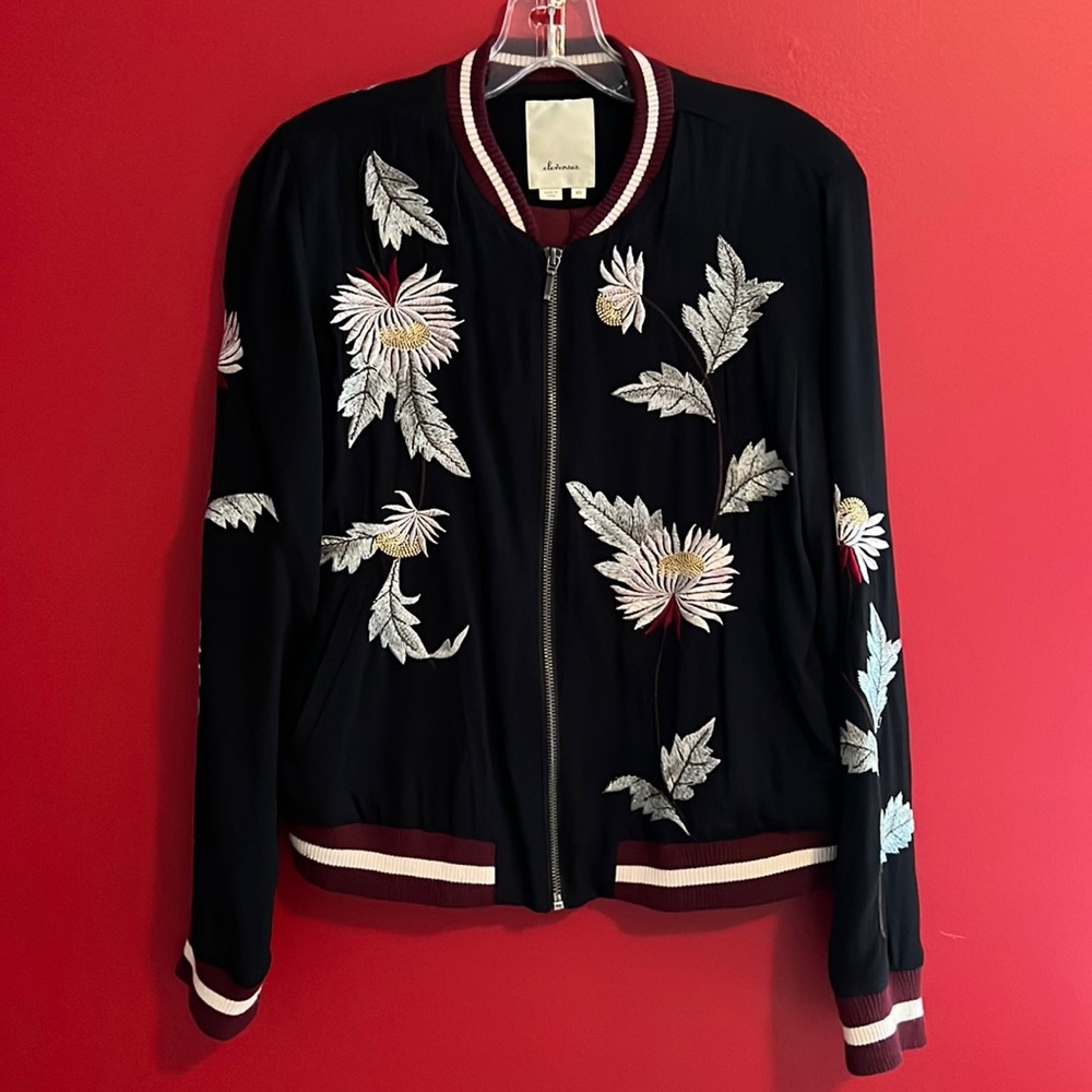 Anthro Elevenses Solstice Bomber Jacket w/ Floral Embroidery XS